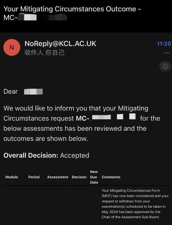 伦敦国王学院|身体状态影响多门备考,对应结果或材料图1 / King's College London: assessment extensions and special circumstances, case evidence 1