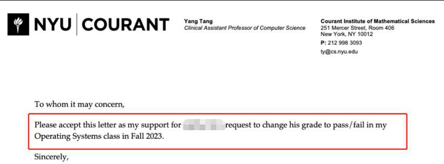 纽约大学|转学院后申请迟延改为P/F,对应结果或材料图1 / New York University: visa and registration coordination, case evidence 1