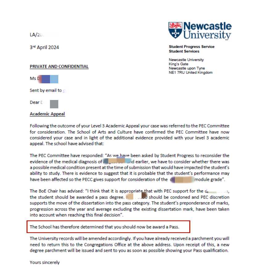 纽卡斯尔大学|论文未通过后争取重新提交,对应结果或材料图1 / Newcastle University: grade reviews and reassessment, case evidence 1