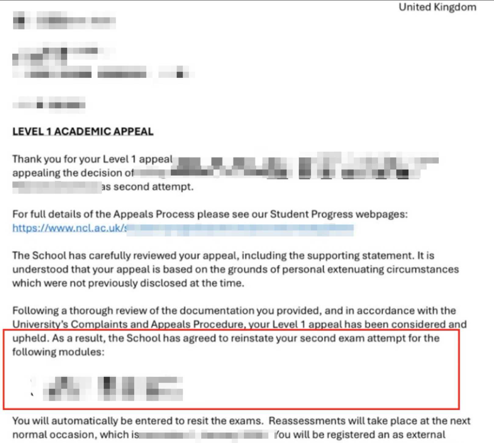 纽卡斯尔大学|考核未通过后申请新机会,对应结果或材料图1 / Newcastle University: grade reviews and reassessment, case evidence 1