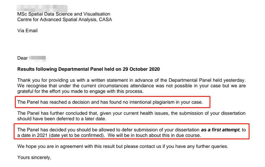 伦敦大学学院|毕业论文重交争取,对应结果或材料图1 / University College London: academic integrity and disciplinary review, case evidence 1