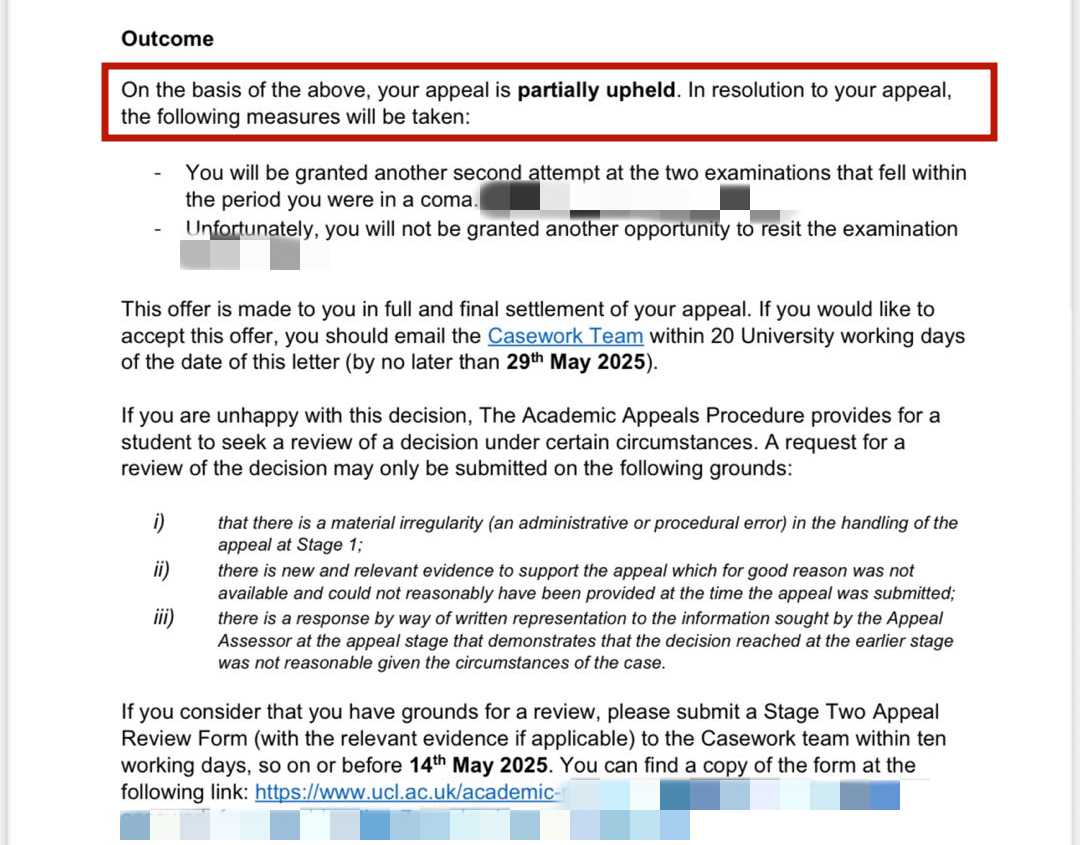 伦敦大学学院|缺考后的学籍保留申诉,对应结果或材料图1 / University College London: study interruptions and return to study, case evidence 1