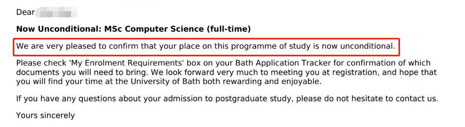 巴斯大学|二等二学位后获无条件录取,对应结果或材料图1 / University of Bath: admission reviews and entry conditions, case evidence 1