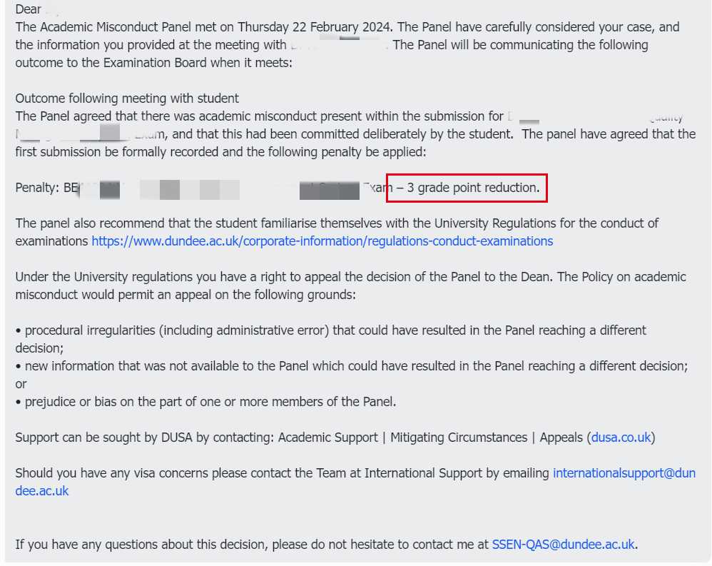 邓迪大学|学术指控后的解释与补救,对应结果或材料图1 / University of Dundee: academic integrity and disciplinary review, case evidence 1
