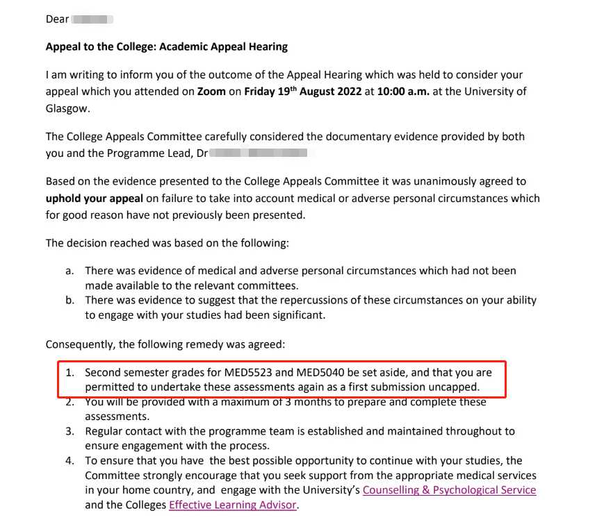 格拉斯哥大学|两门医疗课程获无上限重交,对应结果或材料图1 / University of Glasgow: grade reviews and reassessment, case evidence 1