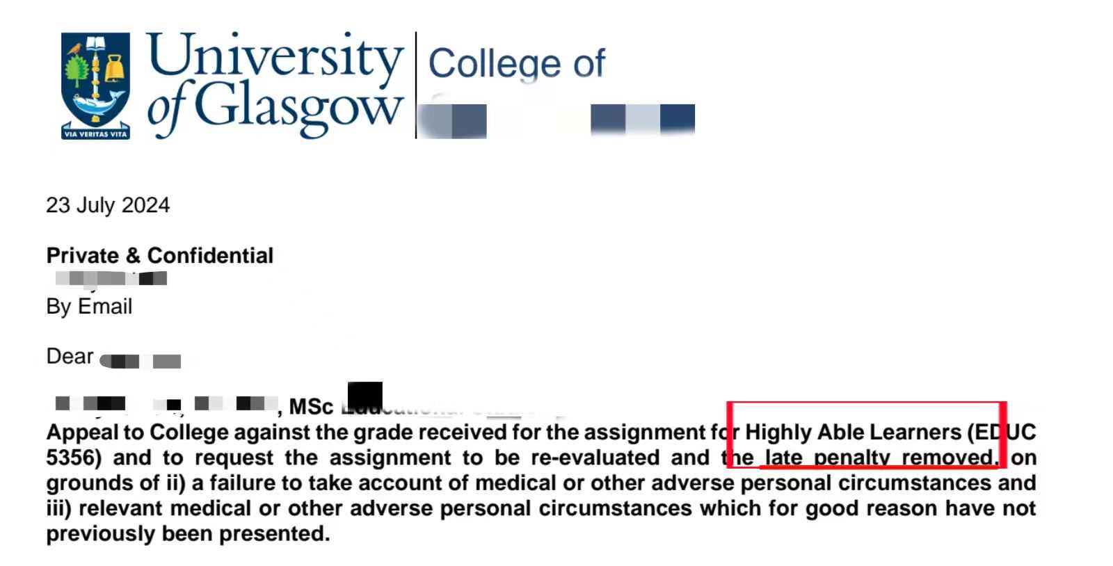 格拉斯哥大学|错过提交时间后申请补救,对应结果或材料图1 / University of Glasgow: late submission and upload issues, case evidence 1