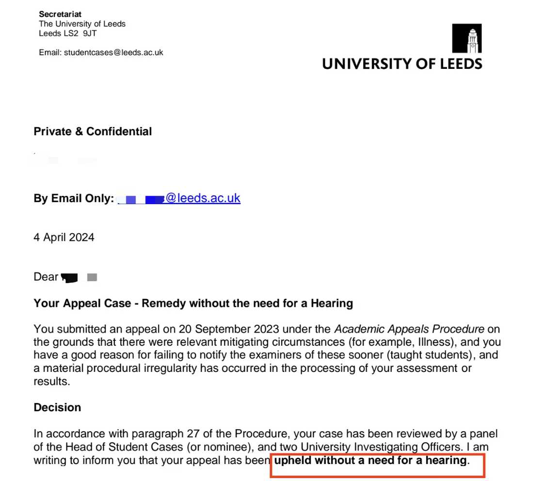 利兹大学|大二退学决定获得重新审议,对应结果或材料图1 / University of Leeds: grade reviews and reassessment, case evidence 1