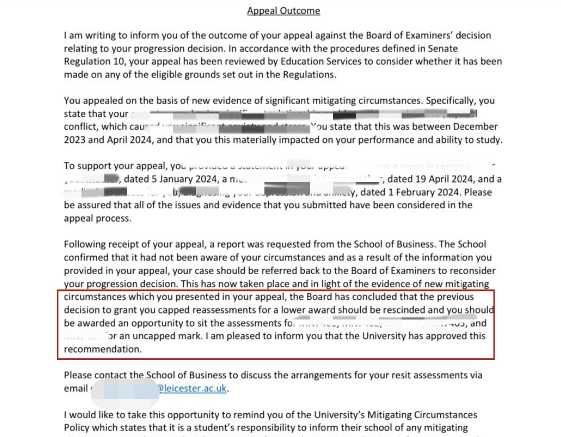 莱斯特大学|论文未通过后争取重新提交,对应结果或材料图1 / University of Leicester: grade reviews and reassessment, case evidence 1