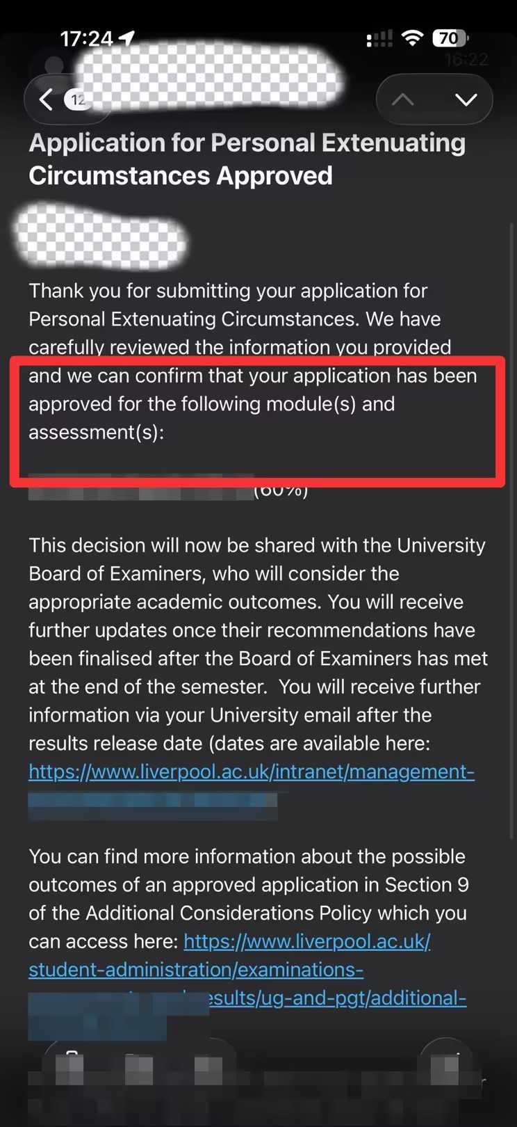 利物浦大学|特殊情况申请支持与考核救济分别确认,对应结果或材料图1 / University of Liverpool: assessment extensions and special circumstances, case evidence 1