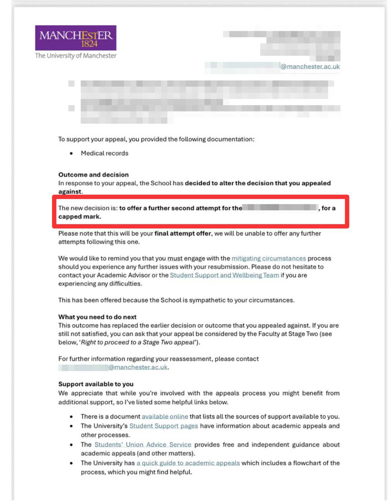 曼彻斯特大学|论文两次未过后获最后重交,对应结果或材料图1 / University of Manchester: grade reviews and reassessment, case evidence 1