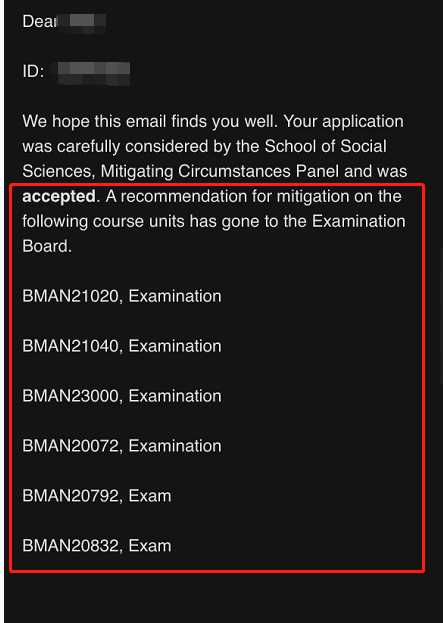 曼彻斯特大学|适应困难后提交特殊情况,对应结果或材料图1 / University of Manchester: grade reviews and reassessment, case evidence 1