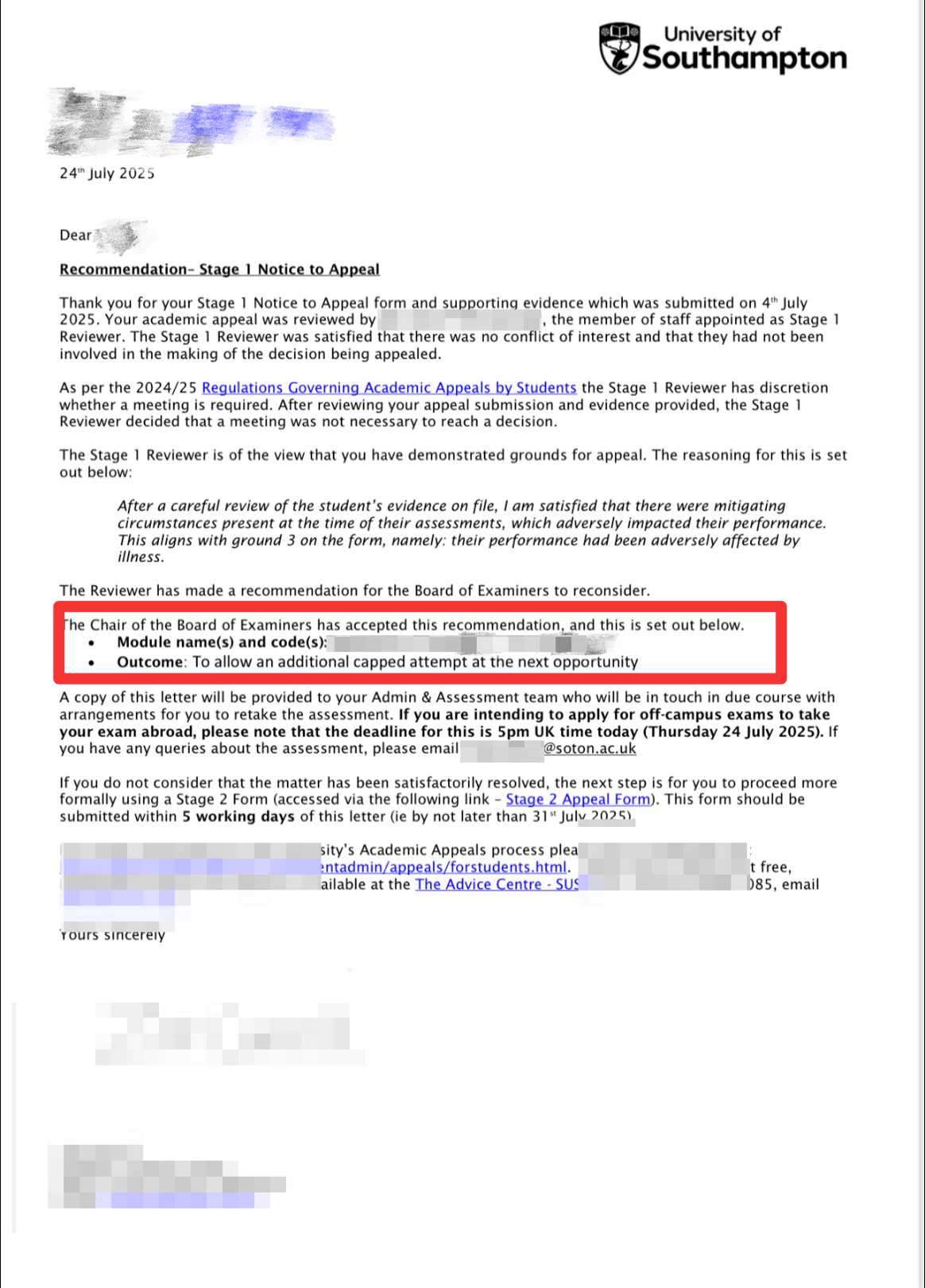 南安普顿大学|原需重修后获额外封顶考核,对应结果或材料图1 / University of Southampton: grade reviews and reassessment, case evidence 1