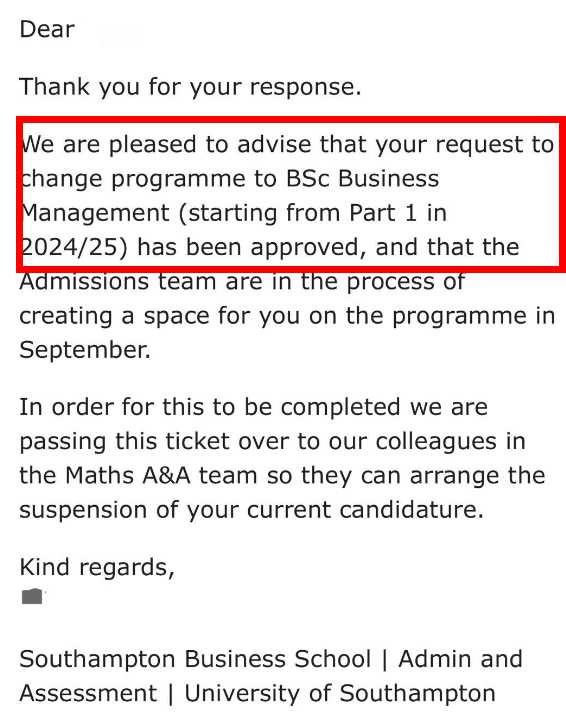 南安普顿大学|数学统计转入工商管理大一,对应结果或材料图1 / University of Southampton: programme changes and transfers, case evidence 1