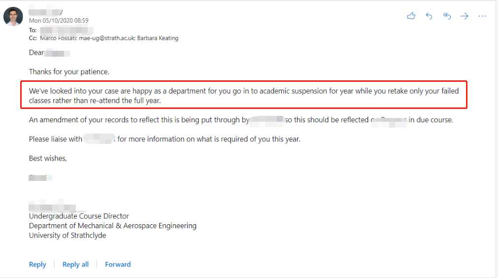 思克莱德大学|暂停一年仅重考未过课程,对应结果或材料图1 / University of Strathclyde: grade reviews and reassessment, case evidence 1