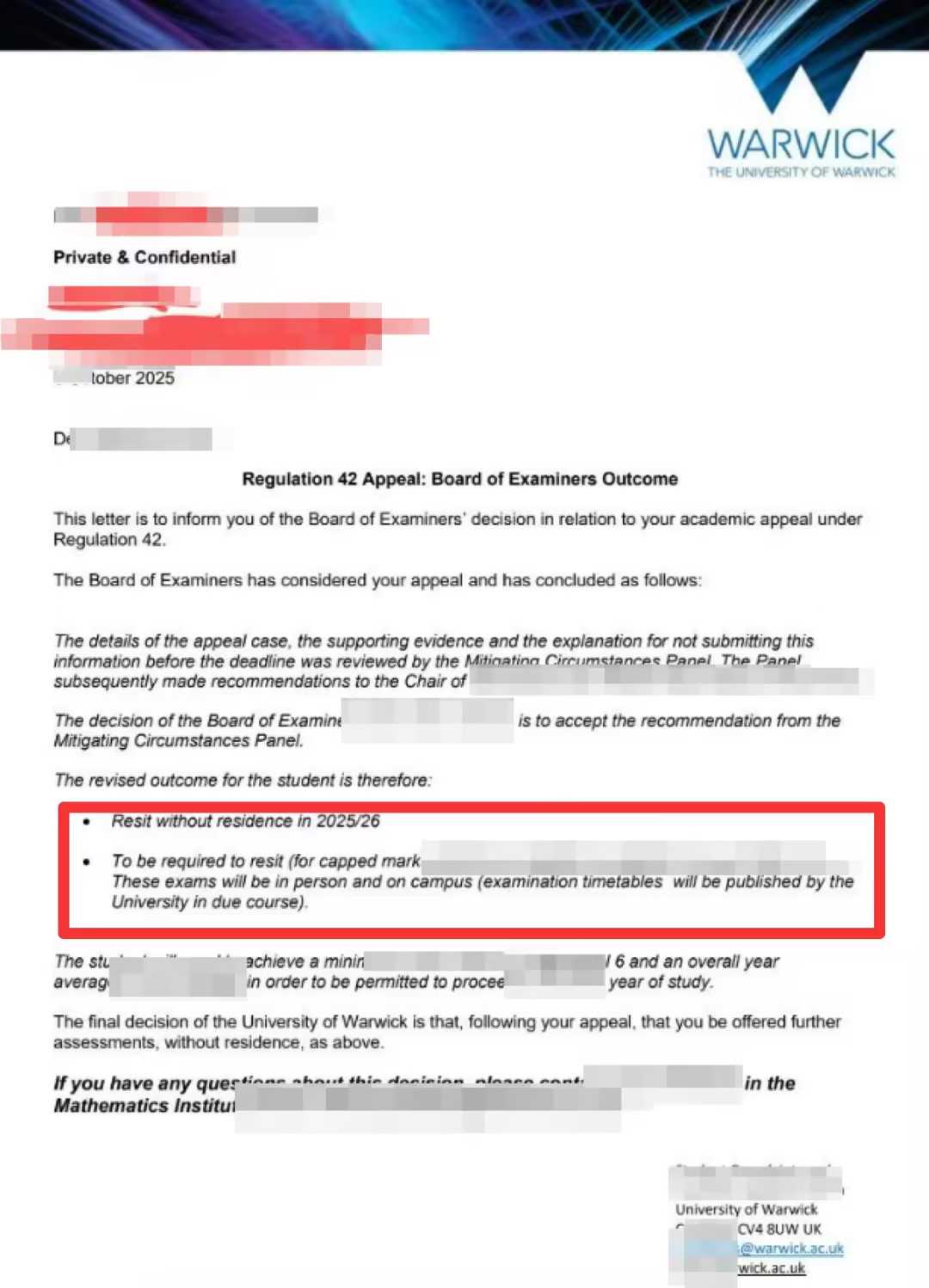 华威大学|多门未过与缺考后获继续考试,对应结果或材料图1 / University of Warwick: grade reviews and reassessment, case evidence 1